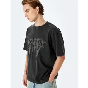 Yıkamalı Bisiklet Yaka Pamuklu Kısa Kollu Gotik Baskılı Oversize Tişört