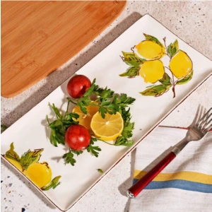 Limon Desenli El Yapımı Seramik Tabak - Sunum Servis Tabağı 36X17 cm
