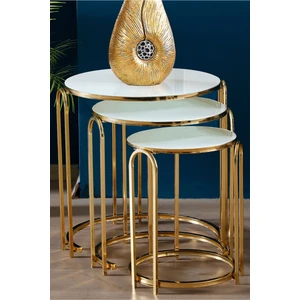 Lenka Zigon Sehpa Takımı Yuvarlak 3'lü Gold Metal - Beyaz Temperli Kırılmaz Cam Sedaş-Lenka-Zigon