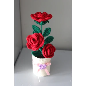Saksıda Üçlü Gül Dalı, Örgü Çiçek