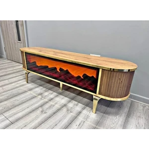 Şömineli Tv Sehpası Gold Ayak Bluetooth Hoparlörlü 3 Renk Mavi,kirmizi,turuncu Kumandali 160 cm