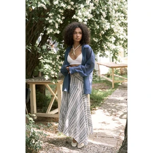 Peigi Çizgili Parçalı Indigo Midi Etek