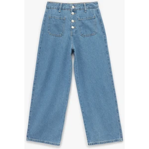 Normal Paça Düğmeli Yüksek Bel Pamuklu Geniş Paça Crop Jean Pantolon - Wide Leg Jeans