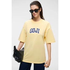 GOJI Kadın %100 Pamuk Baskılı Oversize Fit Bisiklet Yaka Kısa Kollu Sarı T-Shirt