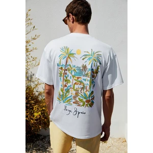 Italıa Erkek  Organik Pamuk Ön Arka Baskı Detaylı Oversize Kısa Kol Beyaz T-Shirt