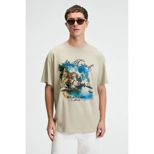 ZEST Erkek %100 Pamuk Oversize Fit Baskılı Kısa Kollu Yuvarlak Yakalı Taş Rengi T-Shirt