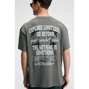 FEAST Erkek %100 Pamuk Oversize Fit Baskılı Kısa Kollu Yuvarlak Yakalı Gri T-Shirt