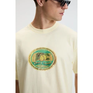 FLAVOR Erkek Oversize %100 Pamuk Baskılı Yuvarlak Yaka Sarı T-Shirt