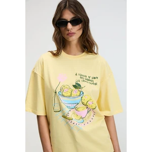 NITZA Kadın %100 Pamuk Oversize Bisiklet Yaka Sarı T-Shirt