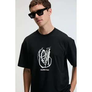 POP Erkek %100 Pamuk Oversize Fit Baskılı Kısa Kollu Yuvarlak Yakalı Siyah T-Shirt