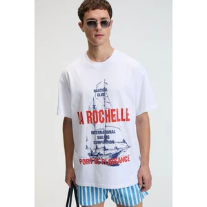 CRUNCH Erkek Oversize %100 Pamuk Baskılı Yuvarlak Yaka Beyaz T-Shirt