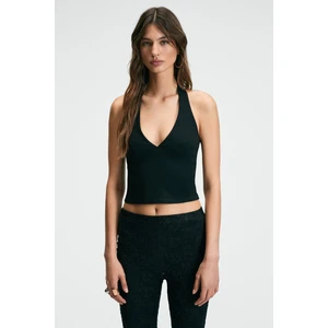 MORIENNE Kadın Halter Yaka Kalın Askılı Sırtı Açık Crop Siyah Bluz