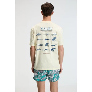 SAVOR Erkek Oversize %100 Pamuk Baskılı Yuvarlak Yaka Sarı T-Shirt