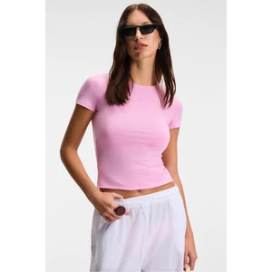 TARELIA Kadın Bisiklet Yaka Kısa Kollu Slim Pembe T-Shirt