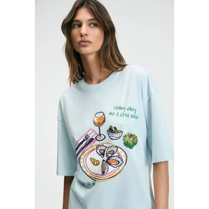 NITZA Kadın %100 Pamuk Oversize Bisiklet Yaka Mavi T-Shirt