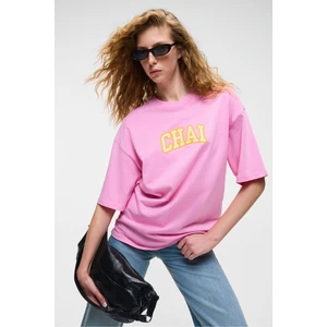 GOJI Kadın %100 Pamuk Baskılı Oversize Fit Bisiklet Yaka Kısa Kollu Pembe T-Shirt