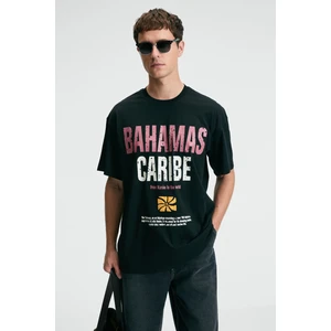 NIBBLE Erkek Oversize %100 Pamuk Baskılı Yuvarlak Yaka Siyah T-Shirt