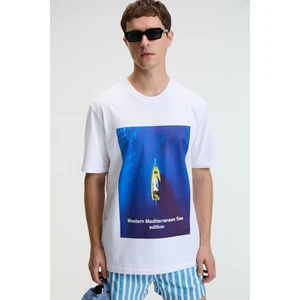 ZEST Erkek %100 Pamuk Oversize Fit Baskılı Kısa Kollu Yuvarlak Yakalı Beyaz T-Shirt