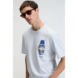 SAVOR Erkek Oversize %100 Pamuk Baskılı Yuvarlak Yaka Mavi T-Shirt