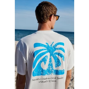 Copacabana Erkek Ön Arka Çatlayan Baskı Detaylı %100 Organik Pamuk Oversize Kısa Kollu Beyaz T-shirt