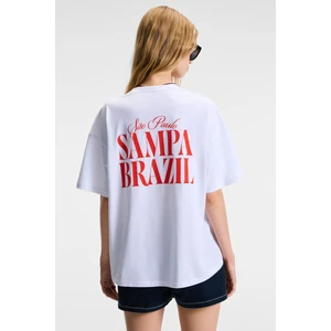 Feylora Kadın  Pamuk Oversize Fit Baskı Detaylı Kısa Kollu Bisiklet Yaka Beyaz T-Shirt