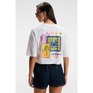 ORELZA Kadın %100 Pamuk Baskılı Yuvarlak Yaka Oversize Fit Ekru T-Shirt