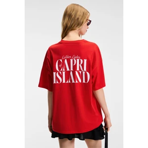 Feylora Kadın  Pamuk Oversize Fit Baskı Detaylı Kısa Kollu Bisiklet Yaka Kırmızı T-Shirt