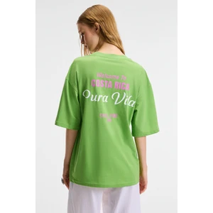 ZEYLINA Kadın %100 Pamuk Baskılı Regular Fit Kısa Kollu Bisiklet Yaka Yeşil T-Shirt