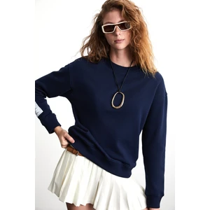 Sahıan Kadın Organik Pamuk 3 Iplik Içi Şardonlu Kol Etiket Detaylı Regular Lacivert Sweatshirt