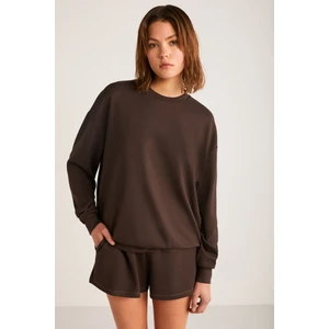 Maısıe Kadın Organik Pamuklu Comfort Fit Bisiklet Yaka Kahverengi Sweatshirt