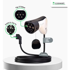 EV03 Taşınabilir Şarj Cihazı 3.5 Kw / 16A / 5m / Tip-2 Soket / Ev Tipi 2X16A Fiş / 220V Ac / Taşıma Çantalı