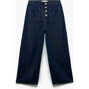 Normal Paça Düğmeli Yüksek Bel Pamuklu Geniş Paça Crop Jean Pantolon - Wide Leg Jeans