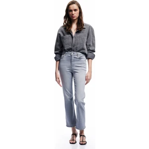 Yüksek Bel Dar Kalıp Düğmeli Cepli Ispanyol Paça Crop Jean Pantolon - Flare Jeans