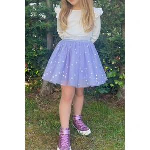 Kız Çocuk Tütü Etek Simli Kalp Desenli Beli Lastikli 5-10 Yaş, Lila