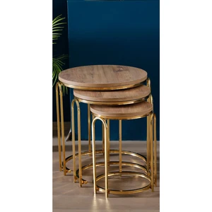 Lenka Zigon Sehpa Takımı Yuvarlak 3'lü Gold Metal - Açık Ceviz Sedaş-Lenka-Zigon-Gold