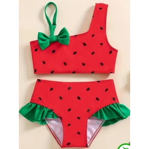 Karpuz Desenli Kız Çocuk Bikini Takımı - Fırfırlı & Tek Omuz Tasarım 3006