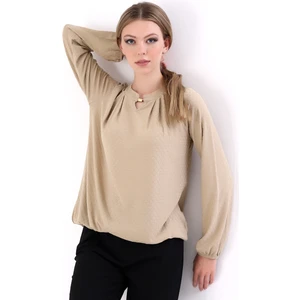 Kadoma Kadın Bordo Pileli Damla Yaka Aksesuarlı Örme Jakar Esnek Penye Uzun Kol Bluz & Tesettür Bluz