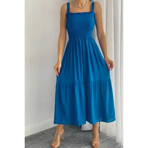 Saks Mavisi Askılı Gipeli Katlı Eteği Fırfırlı Uzun Rahat Dokuma Elbise (130 Cm)