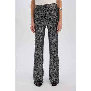 Siyah Şık Payetli Pantolon Flare Fit Yüksek Bel Standart Boy E1773AX24CW