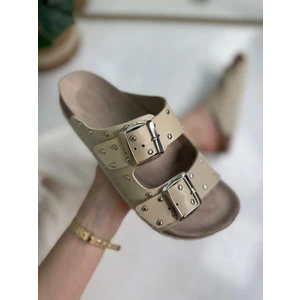 Günlük Kadın Terlik Çift Tokalı Metal Detaylı Yumuşak Rahat Ortopedik Mantar Taban Ayakkabı 118