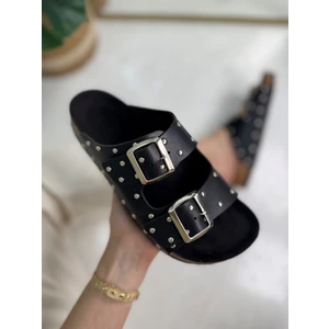 Günlük Kadın Terlik Çift Tokalı Metal Detaylı Yumuşak Rahat Ortopedik Mantar Taban Ayakkabı 118