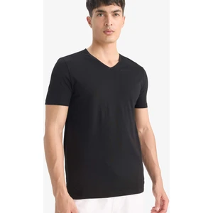 %100 Pamuk Slim Fit Dar Kesim V Yaka Basic Düz Kısa Kollu Siyah Tişört M7668AZ25SP