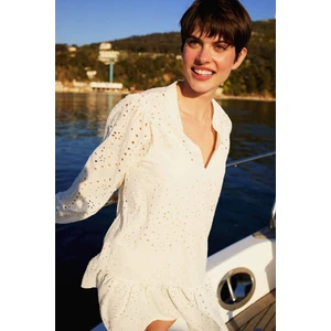 Apaş Yaka Brode Uzun Kollu Mini Plaj Elbisesi-Fall in Love D8734AX25SM