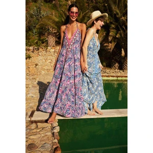Regular Fit Etnik Desenli Boyundan Bağlamalı Maxi Plaj Elbisesi-Fall in Love E4581AX25SM