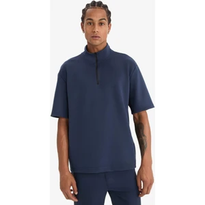 Standart Fit Dik Yaka Fermuarlı Sporcu Kısa Kollu Skuba Dalgıç Kumaş Tişört E3962AX25SP