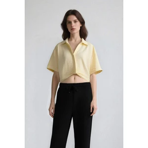 Cropped Fit Gömlek Yaka Keten Görünümlü Kısa Kollu Bluz C7799AX25SP