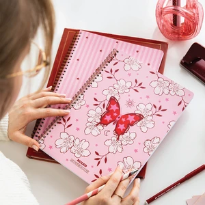 A4 Spiralli Karton Kapak 2’li Set Çizgili Okul Defteri 80 yaprak, Ders Programlı Pembe Kelebek