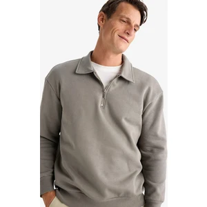 Relax Fit Polo Yaka Fermuarlı Basic Düz Kalın Sweatshirt E5333AX24WN