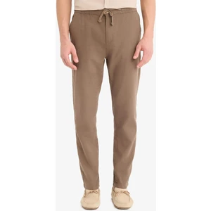 %100 Pamuk Keten Görünümlü Pantolon Beli Lastikli Slim Fit Dar Kesim Cepli Düz Paça D2671AX25SM