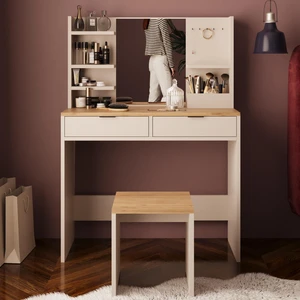 V5060 Diena Takı Askılı Raflı Tabureli Makyaj Masası Aynalı Sepet Kumtaşı